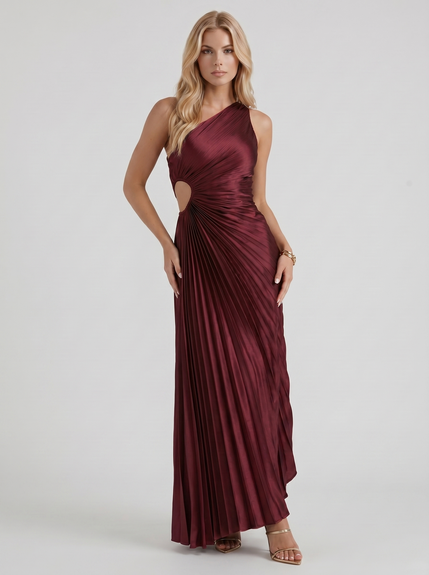 Women wine one shoulder pleated satin maxi dress, 45 angle view