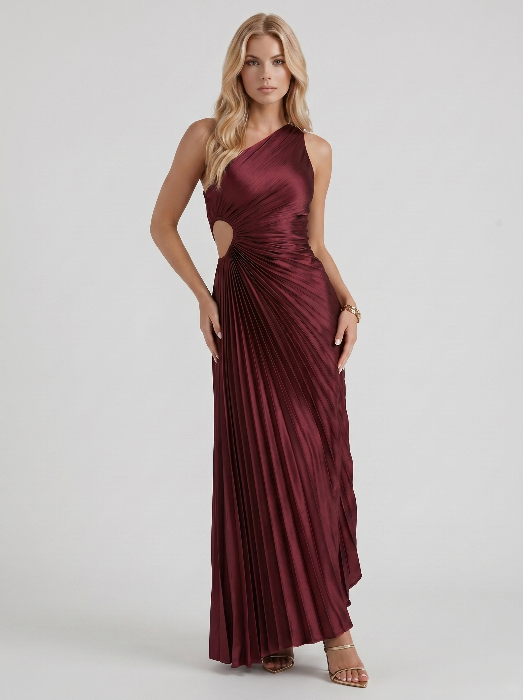 Women wine one shoulder pleated satin maxi dress, 45 angle view