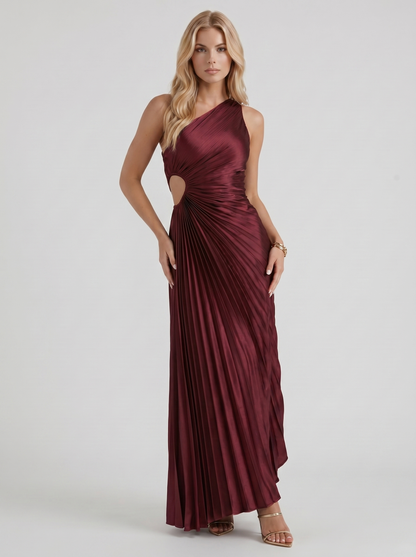 Women wine one shoulder pleated satin maxi dress, 45 angle view