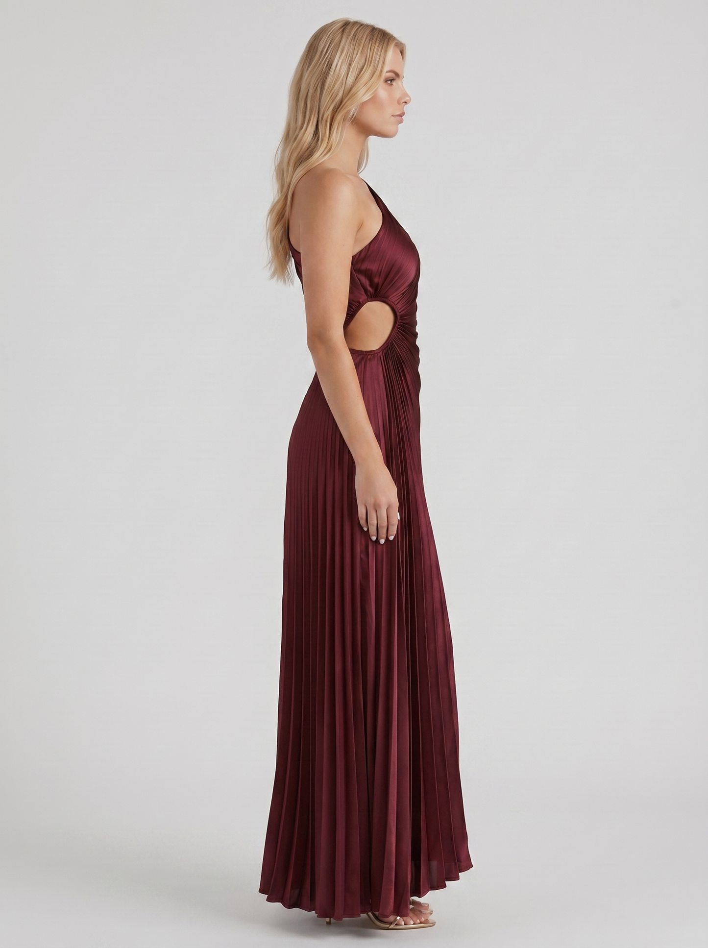 Women wine one shoulder pleated satin maxi dress, side profile view