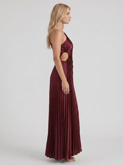 Women wine one shoulder pleated satin maxi dress, side profile view