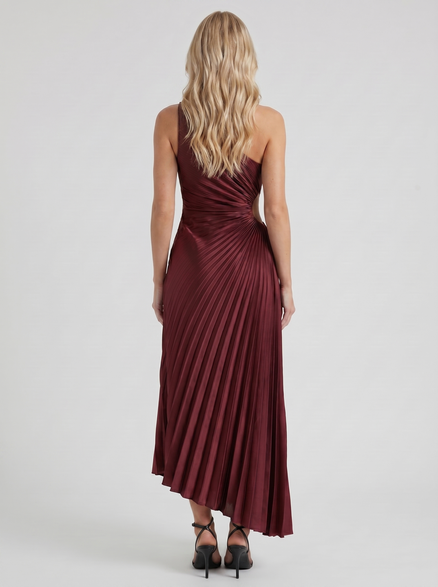 Women wine one shoulder pleated satin maxi dress, back view