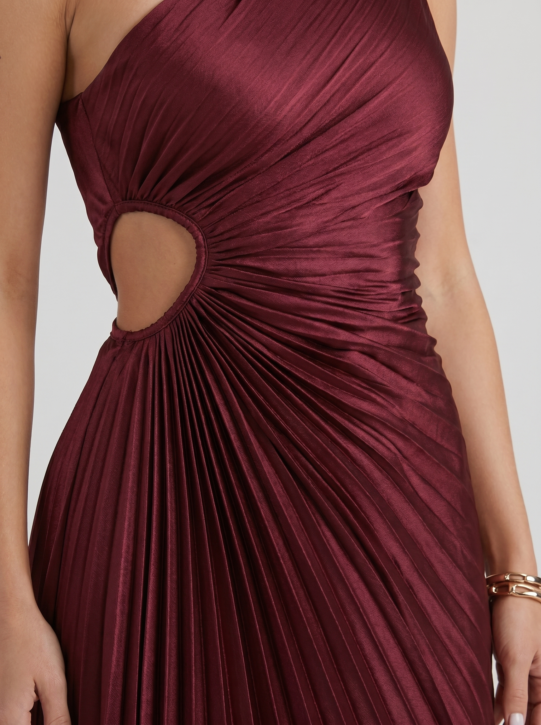 Women wine one shoulder pleated satin maxi dress, detail view
