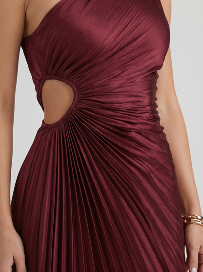 Women wine one shoulder pleated satin maxi dress, detail view