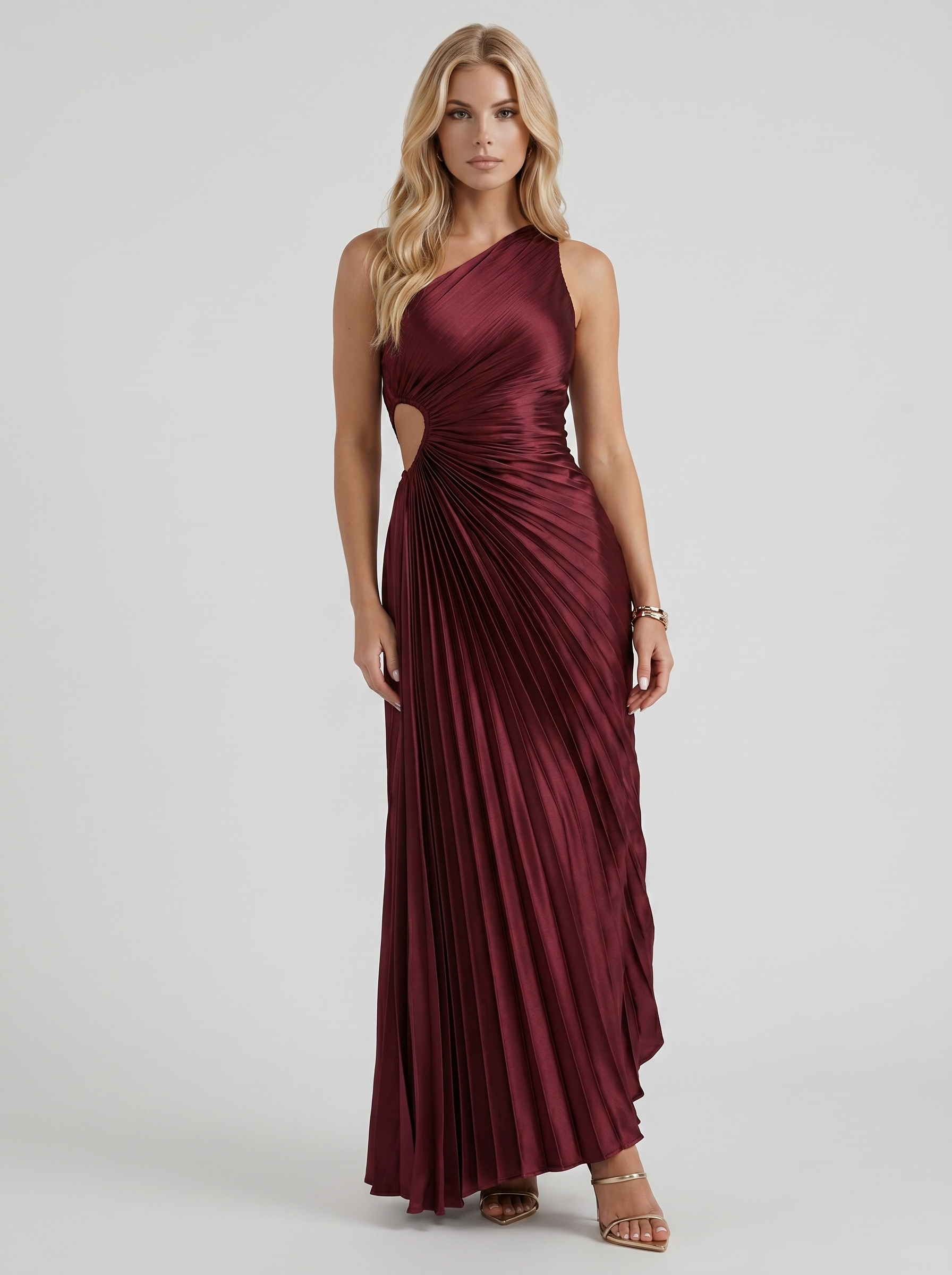 Women wine one shoulder pleated satin maxi dress, front view