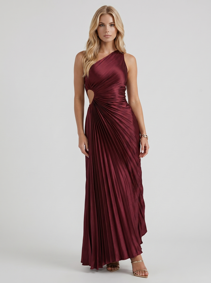 Women wine one shoulder pleated satin maxi dress, front view