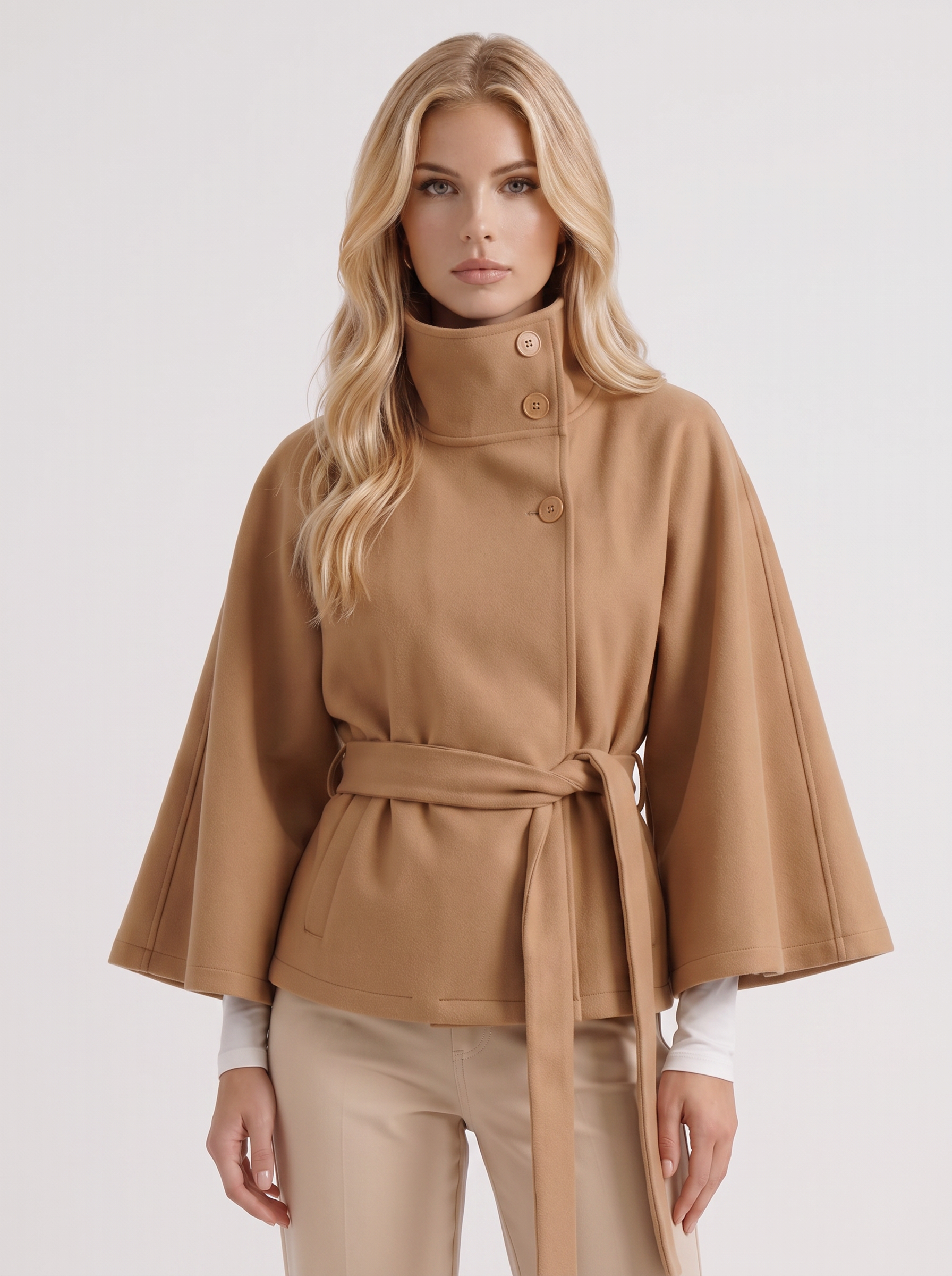 Women's beige cape jacket with cape sleeves and waist tie belt