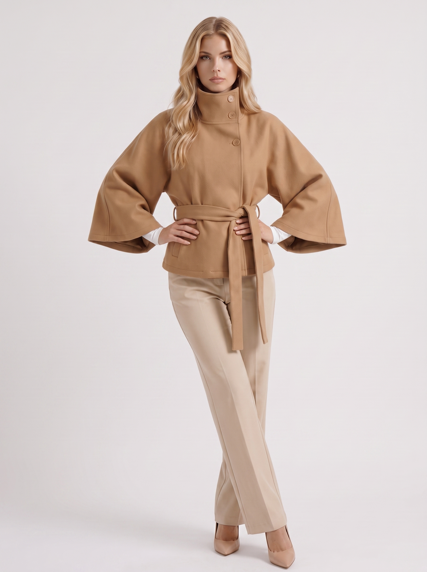 Women's beige cape jacket with cape sleeves and waist tie belt