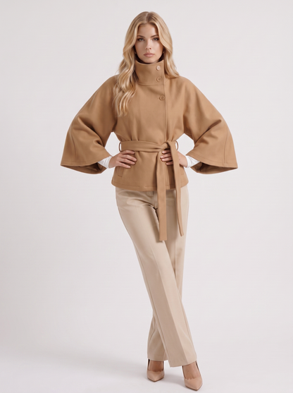 Women's beige cape jacket with cape sleeves and waist tie belt
