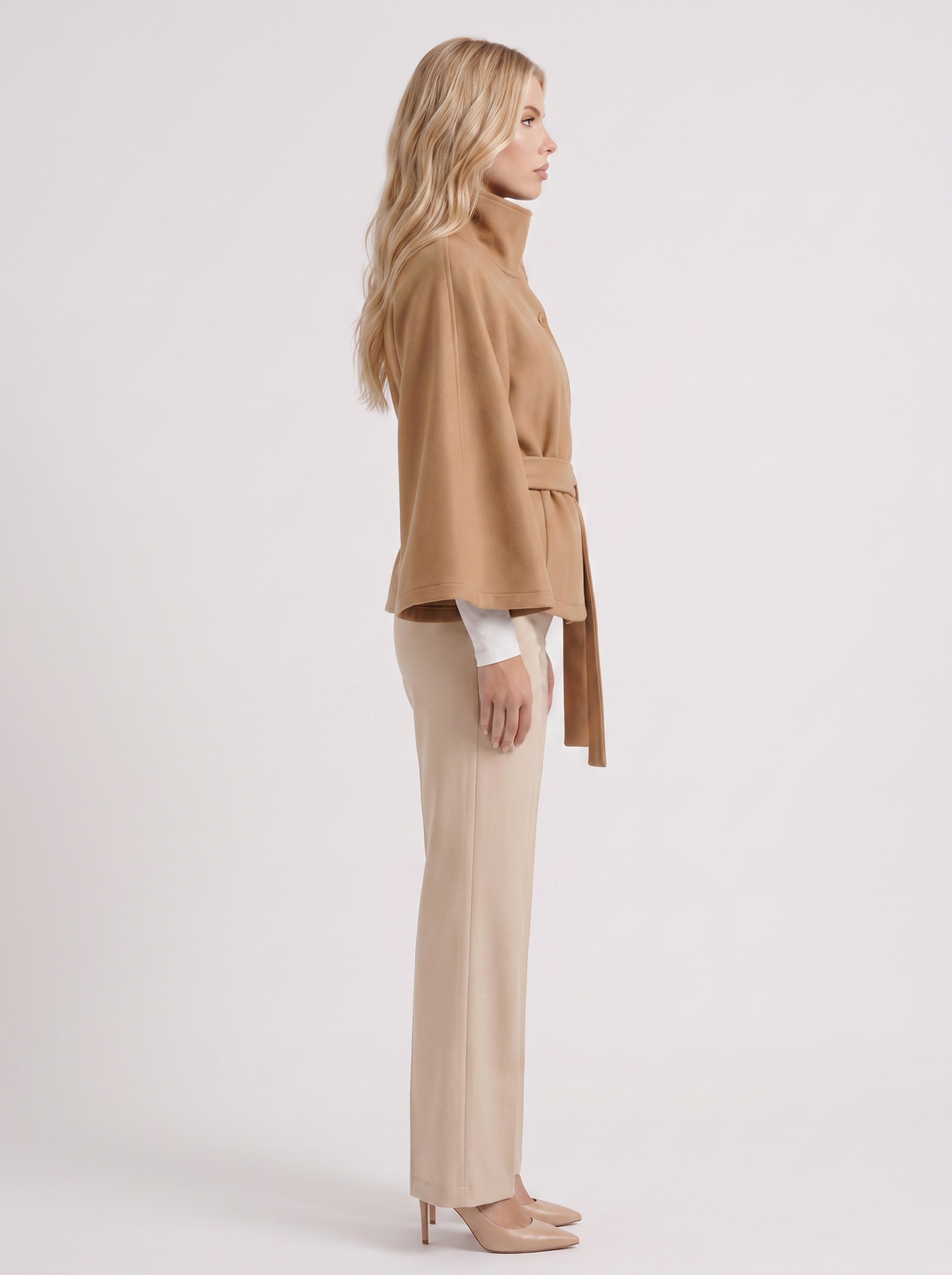 Women's beige cape jacket with cape sleeves and waist tie belt