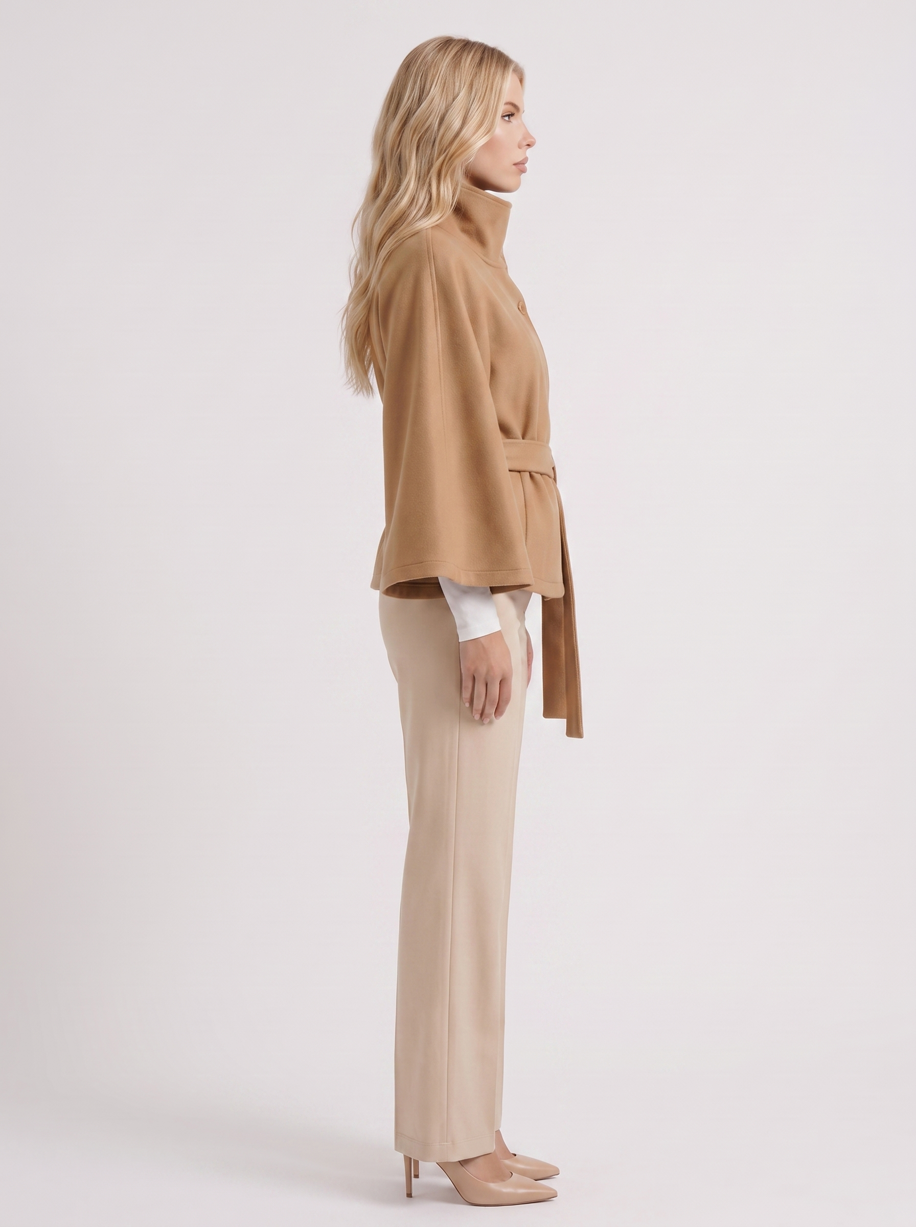 Women's beige cape jacket with cape sleeves and waist tie belt