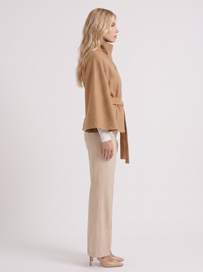 Women's beige cape jacket with cape sleeves and waist tie belt