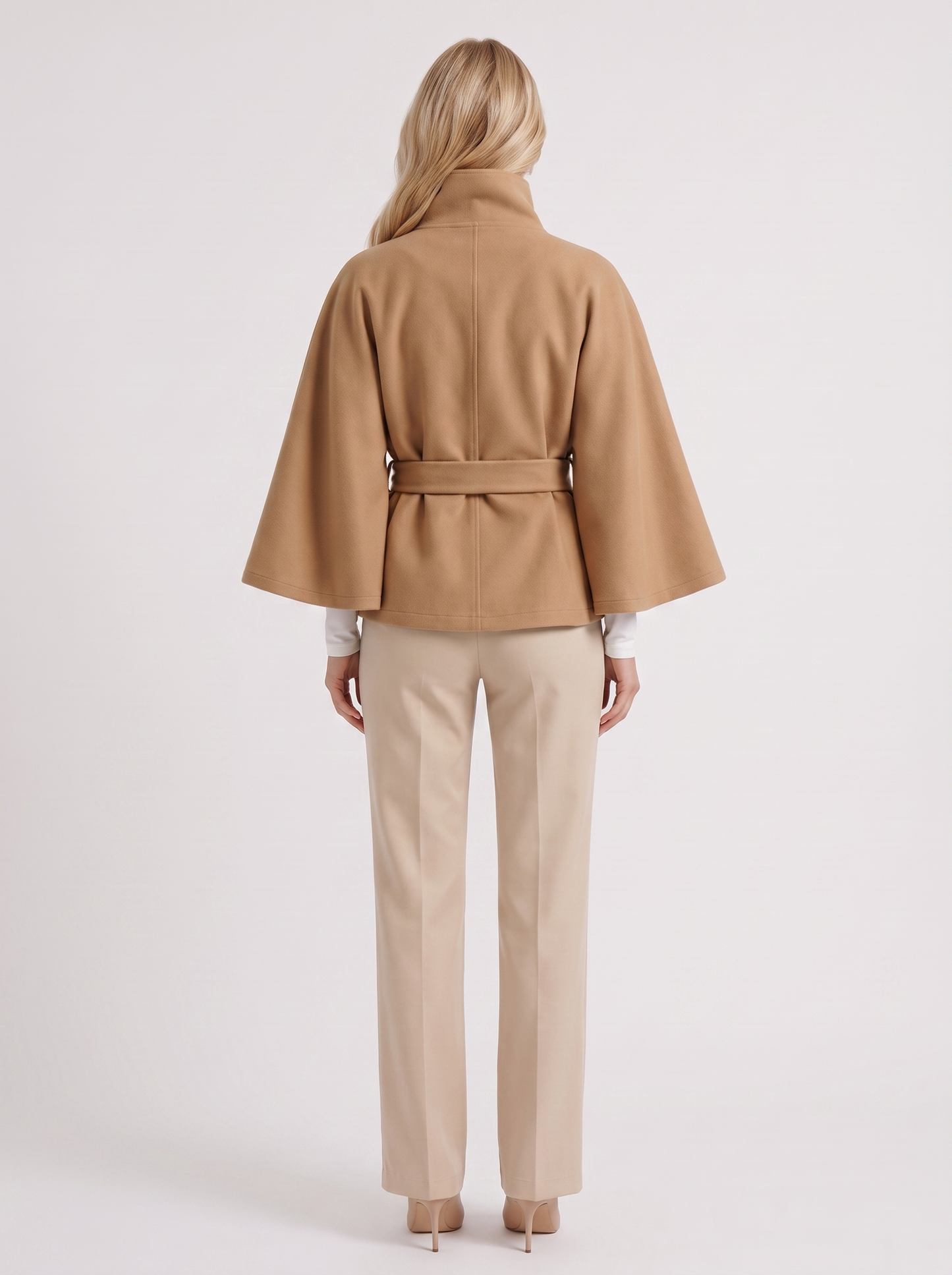 Women's beige cape jacket with cape sleeves and waist tie belt