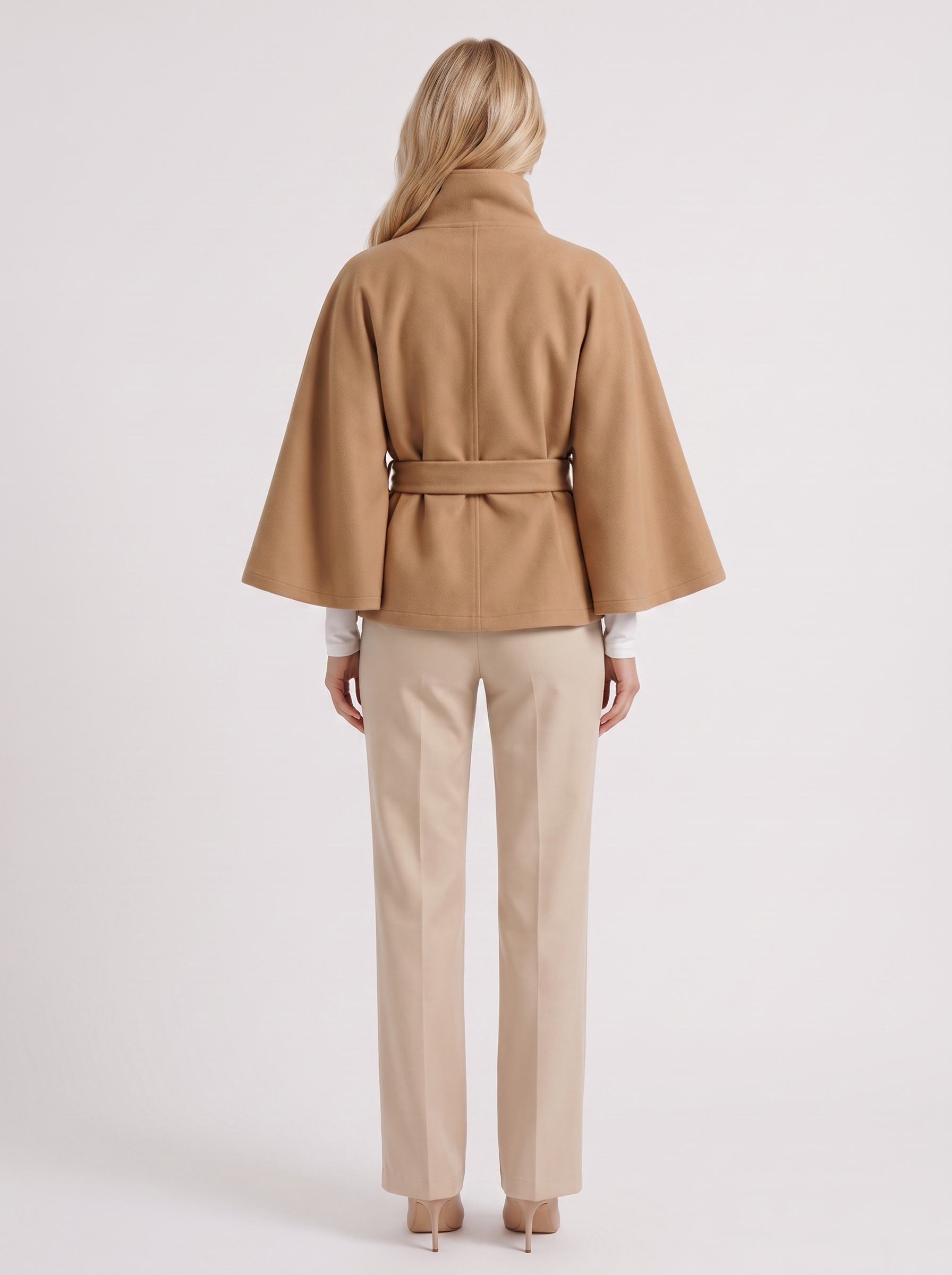 Women's beige cape jacket with cape sleeves and waist tie belt