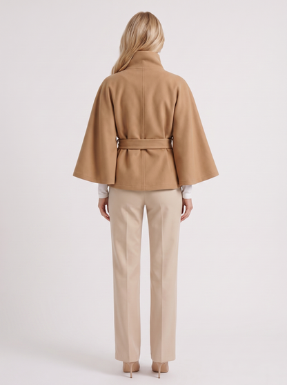 Women's beige cape jacket with cape sleeves and waist tie belt