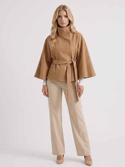 Women's beige cape jacket with cape sleeves and waist tie belt