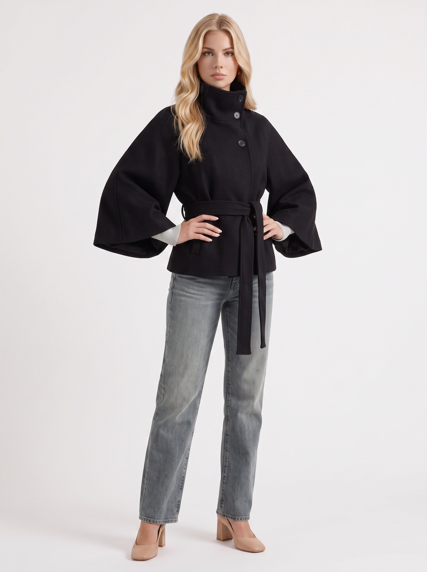 Women's black cape jacket with cape sleeves and waist tie belt