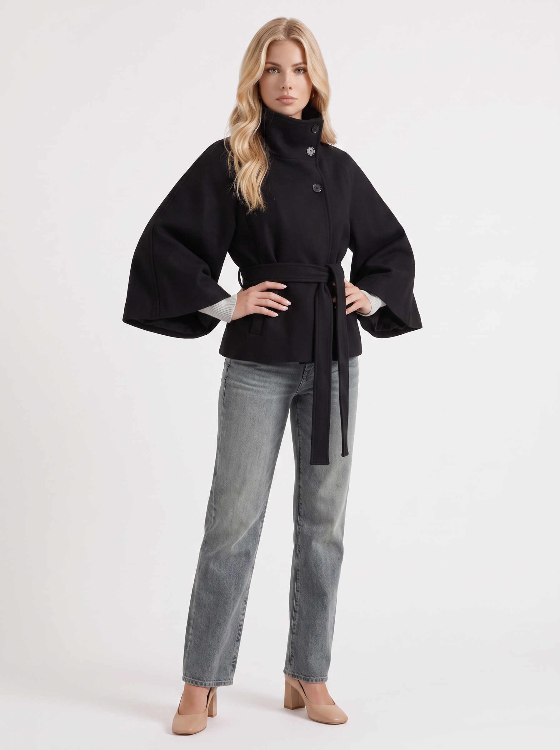 Women's black cape jacket with cape sleeves and waist tie belt