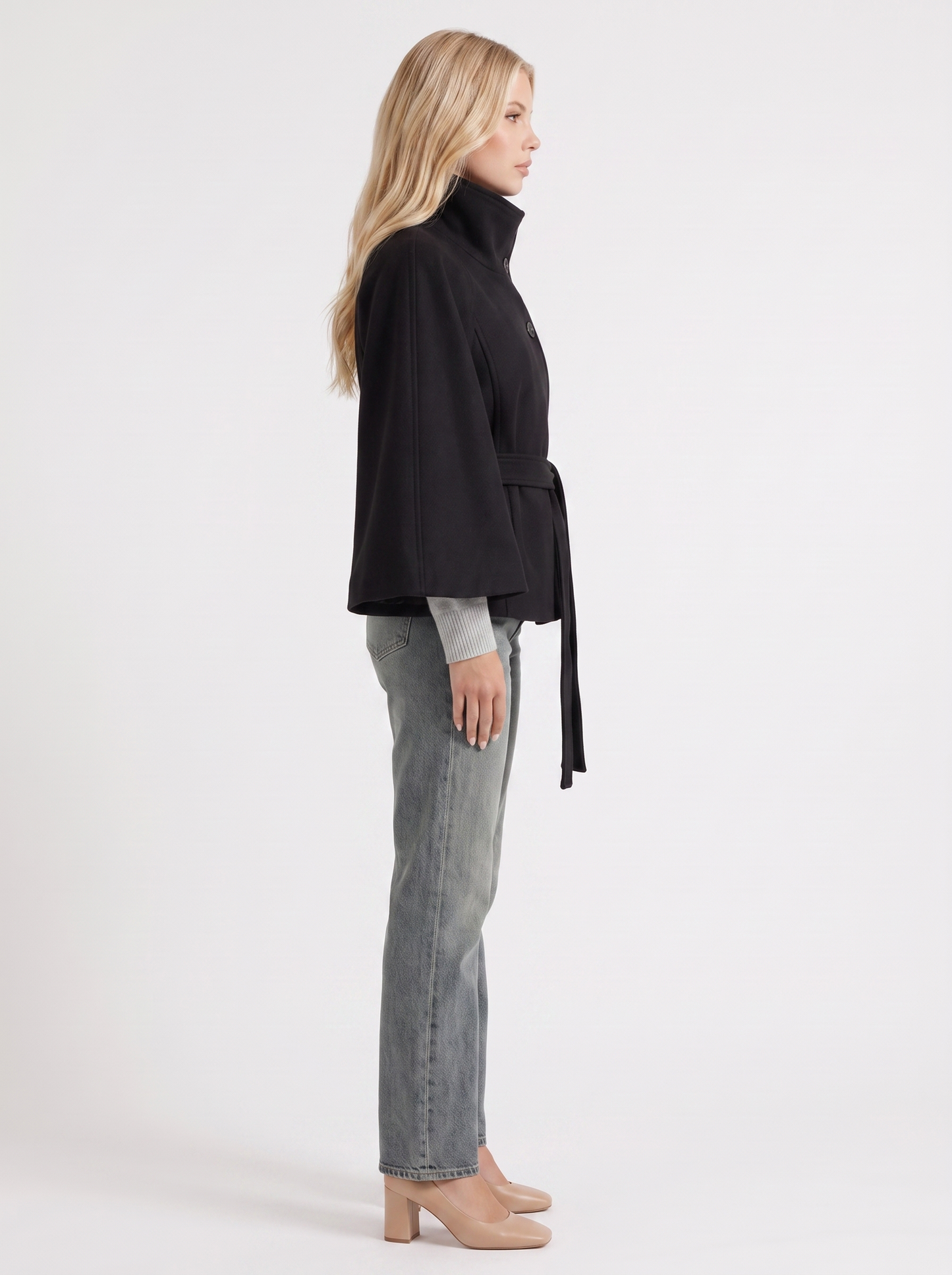 Women's black cape jacket with cape sleeves and waist tie belt