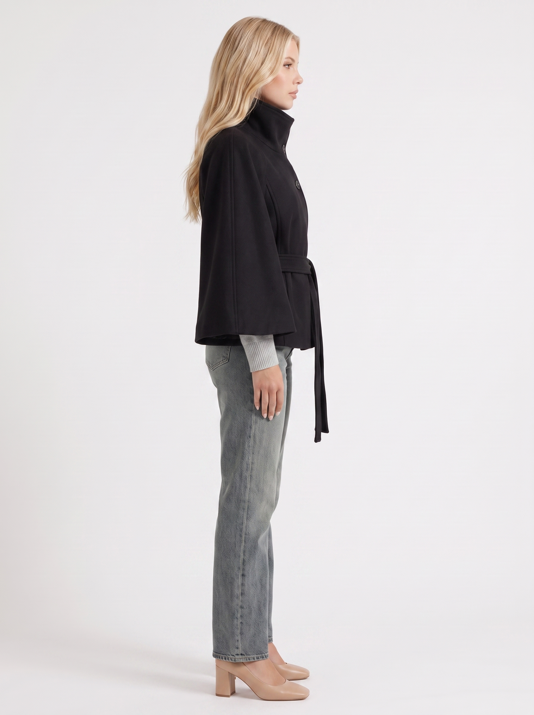 Women's black cape jacket with cape sleeves and waist tie belt