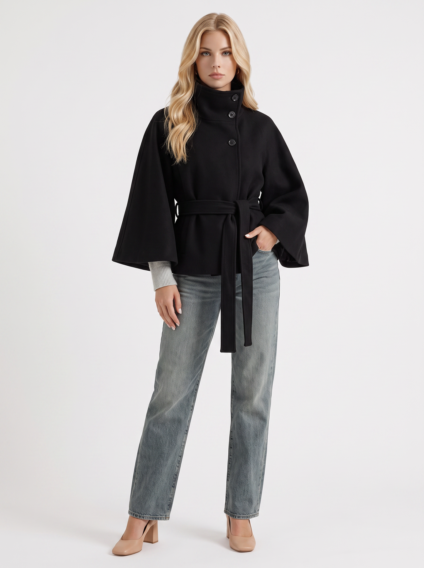 Women's black cape jacket with cape sleeves and waist tie belt