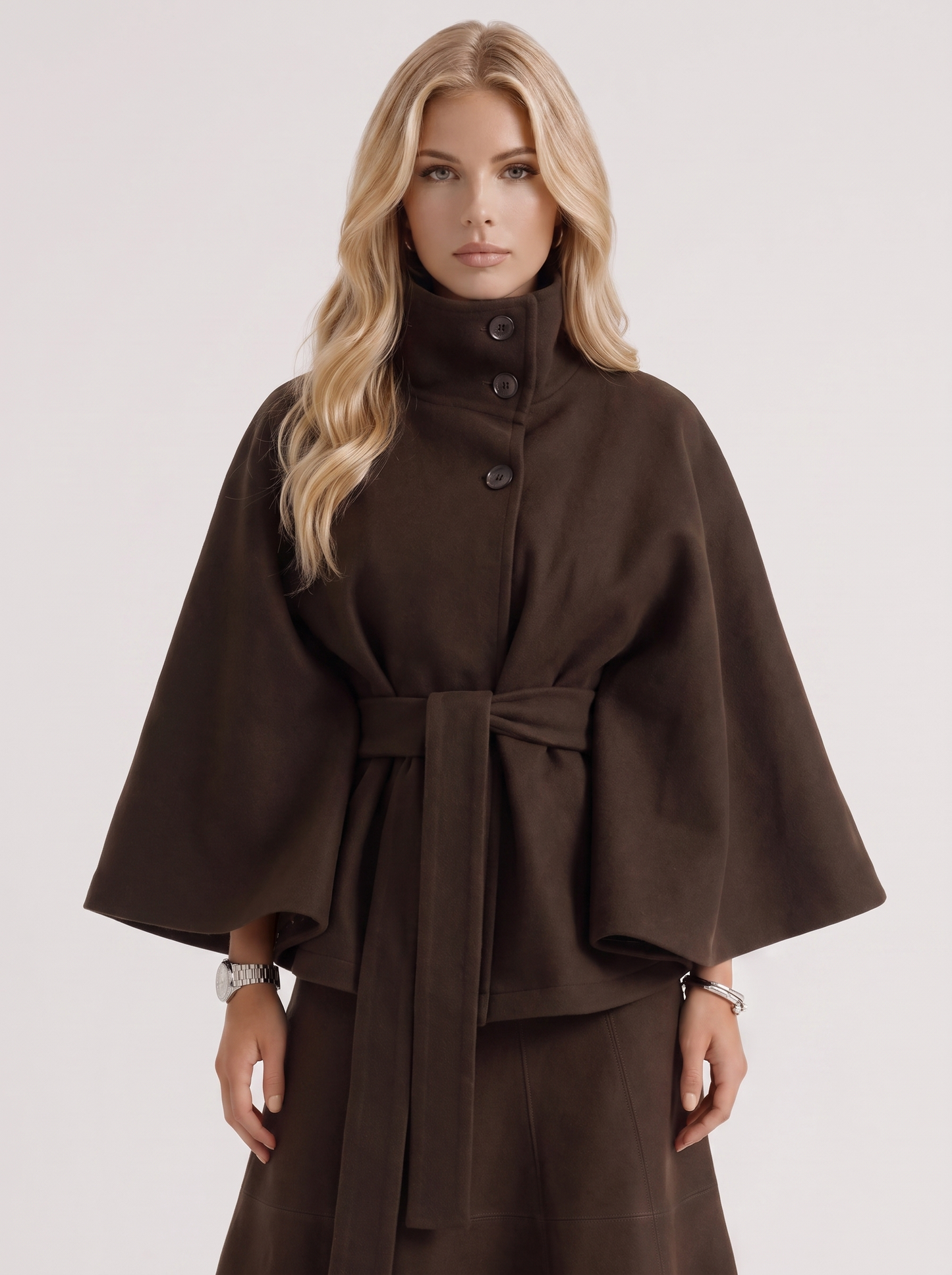 Women's brown cape jacket with cape sleeves and waist tie belt
