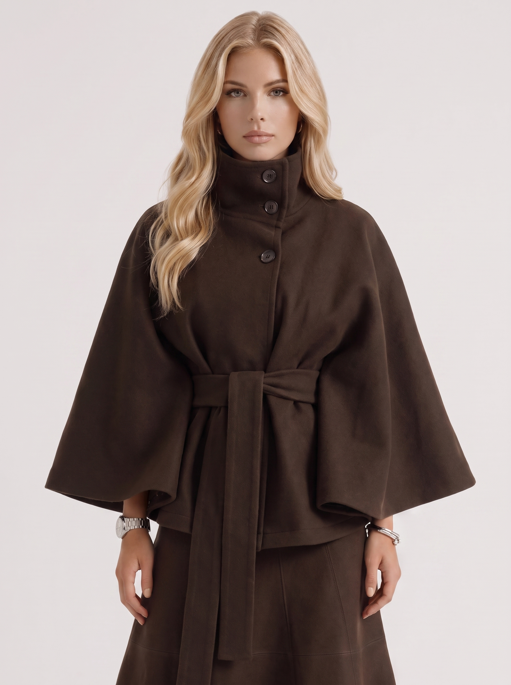 Women's brown cape jacket with cape sleeves and waist tie belt