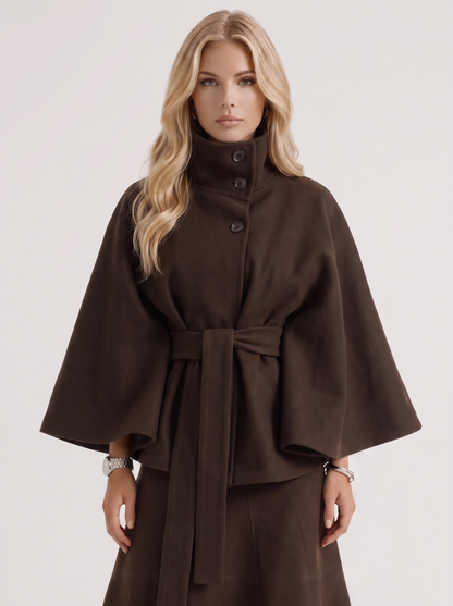 Women's brown cape jacket with cape sleeves and waist tie belt