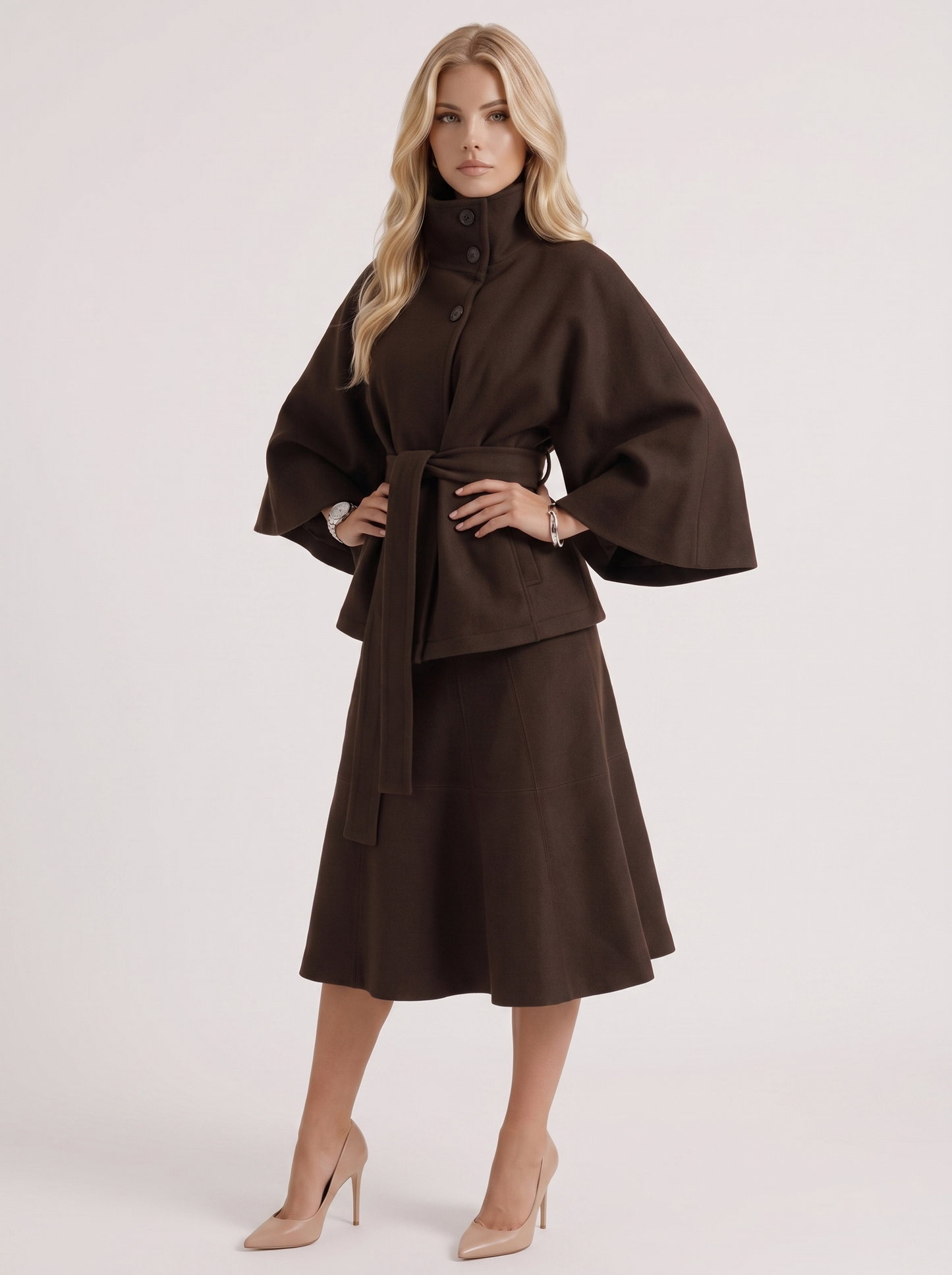 Women's brown cape jacket with cape sleeves and waist tie belt
