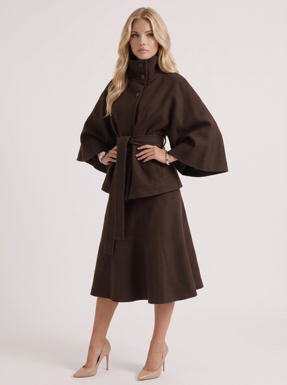 Women's brown cape jacket with cape sleeves and waist tie belt