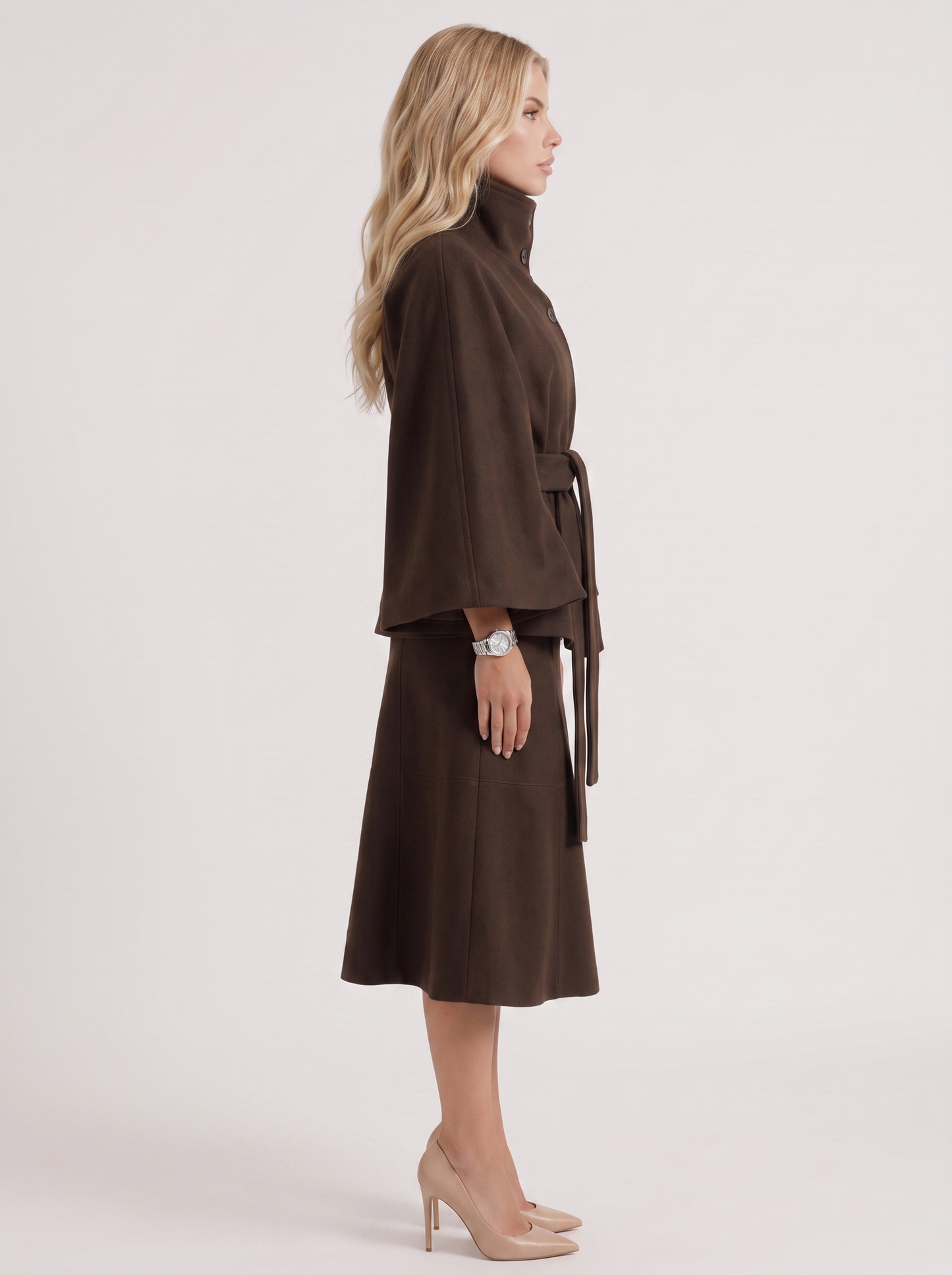 Women's brown cape jacket with cape sleeves and waist tie belt