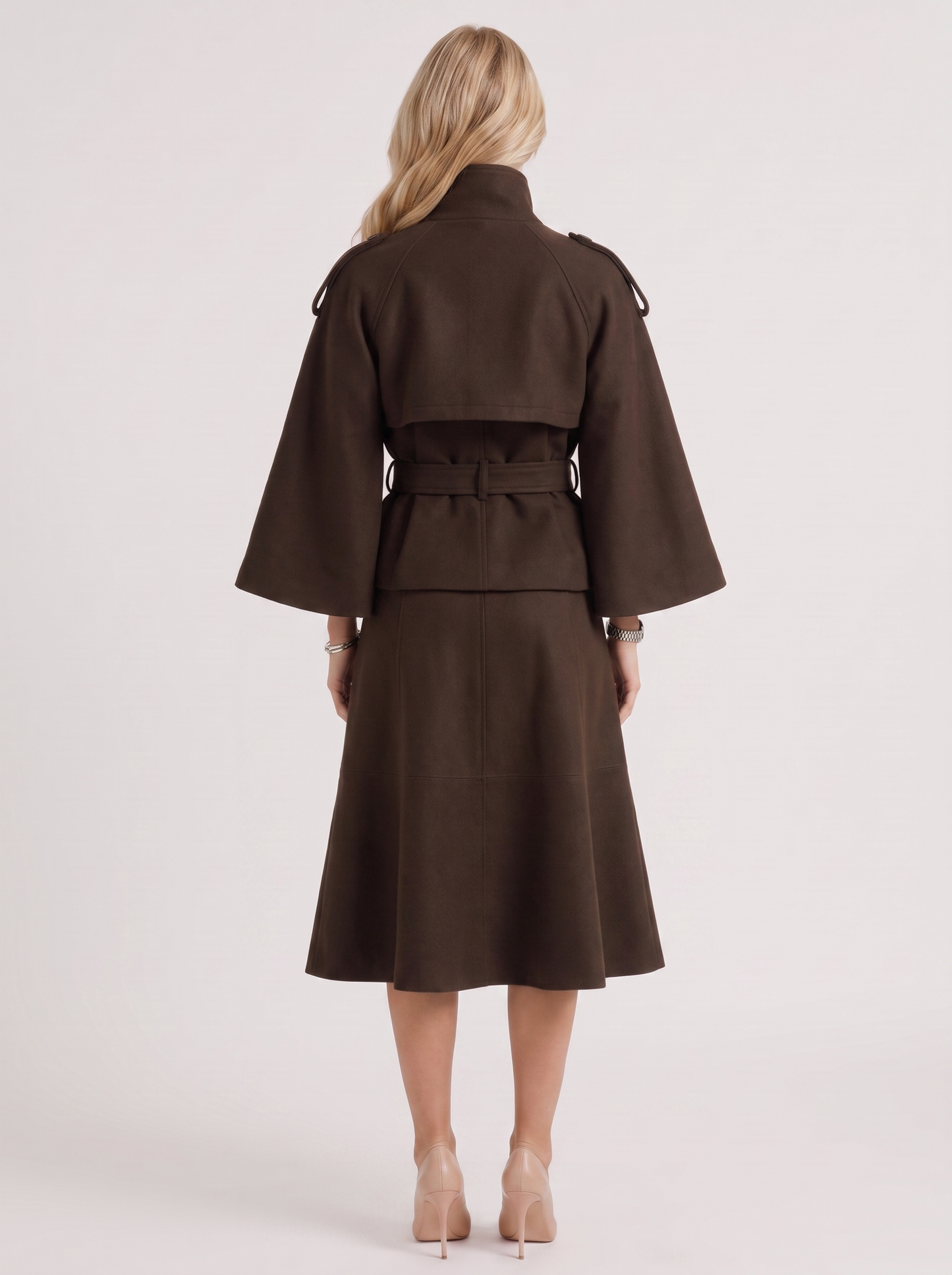 Women's brown cape jacket with cape sleeves and waist tie belt