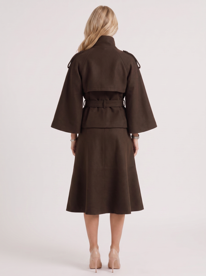 Women's brown cape jacket with cape sleeves and waist tie belt