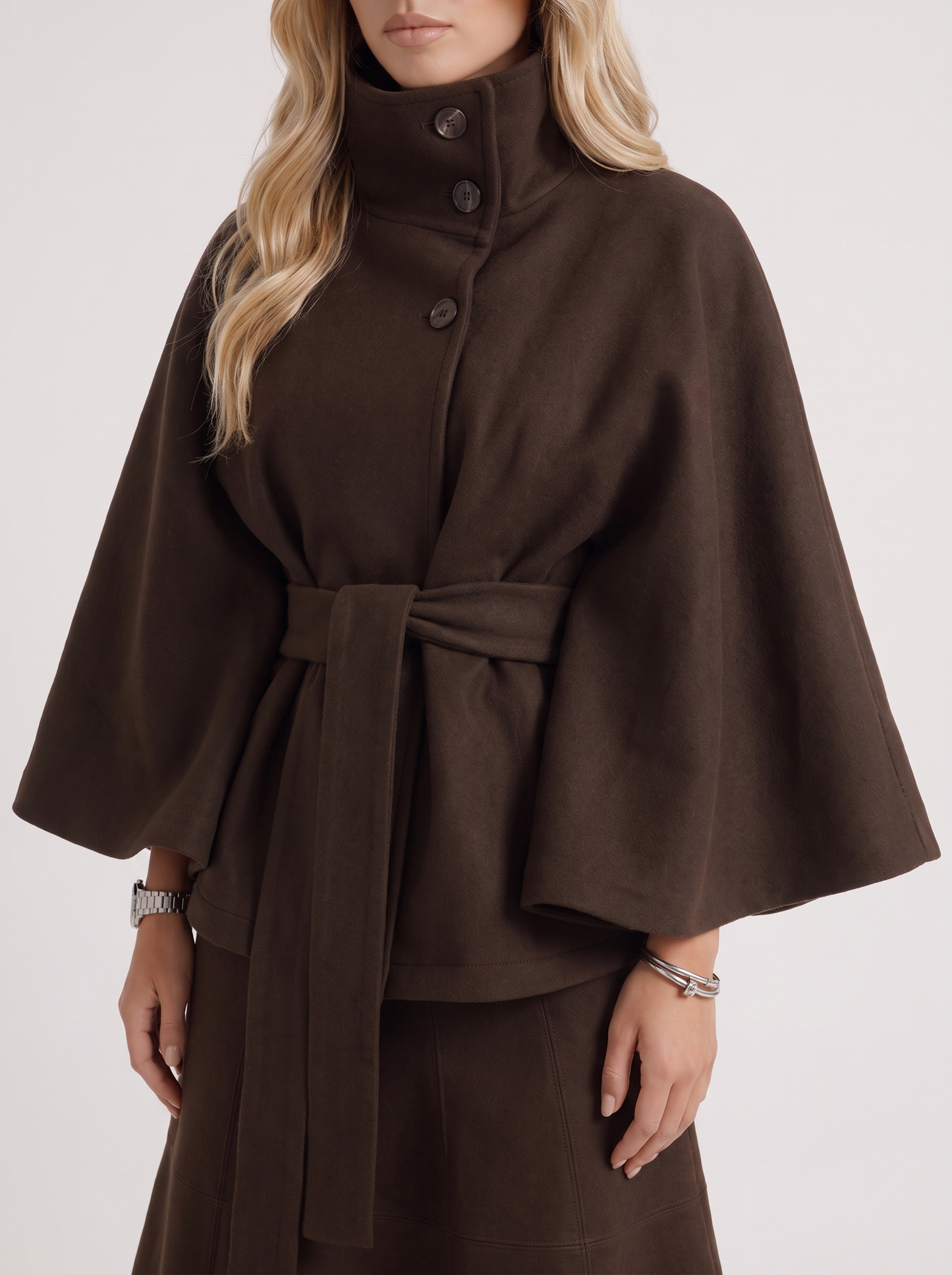 Women's brown cape jacket with cape sleeves and waist tie belt