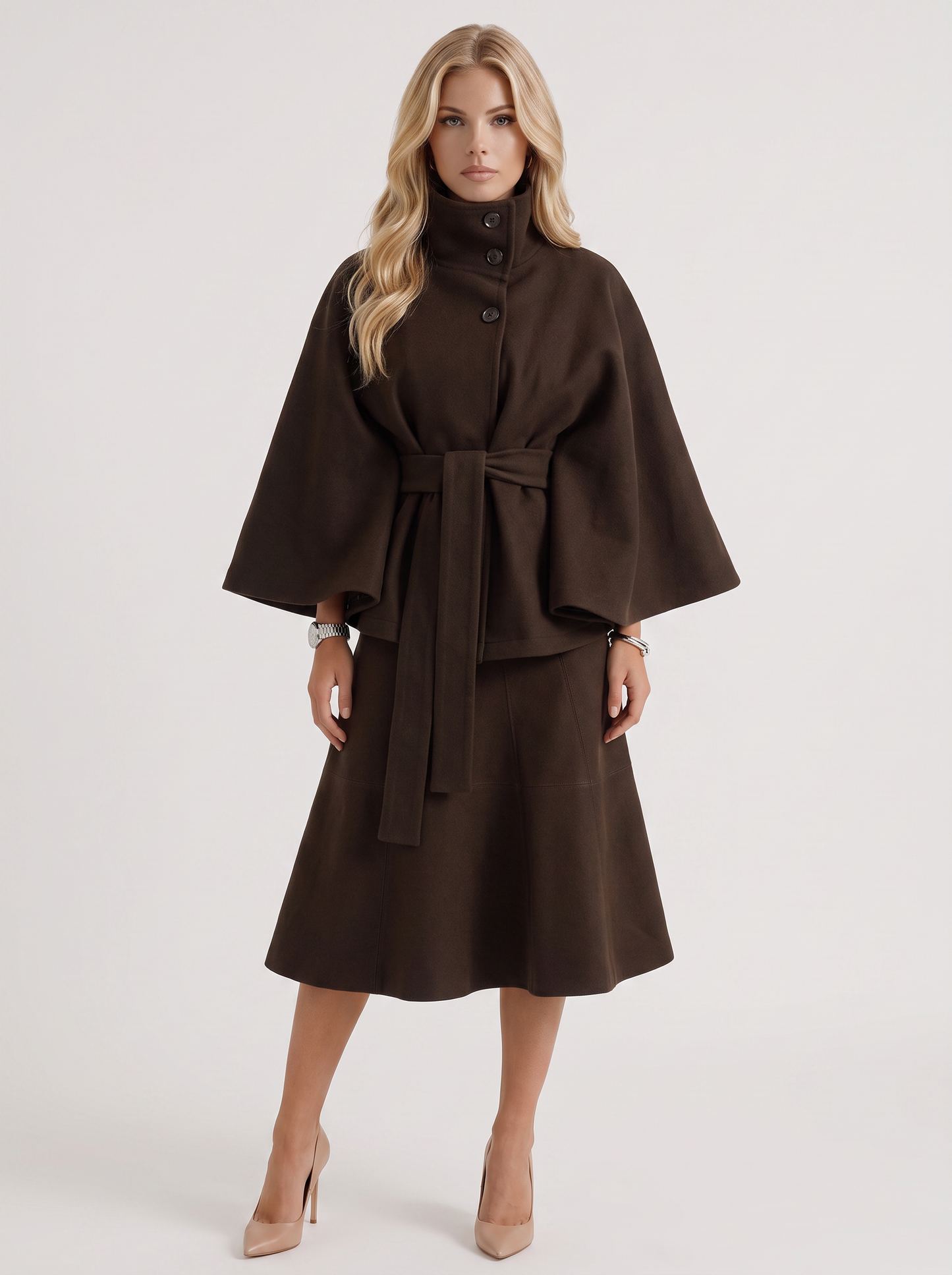 Women's brown cape jacket with cape sleeves and waist tie belt