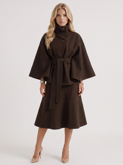 Women's brown cape jacket with cape sleeves and waist tie belt