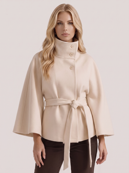Women's cream cape jacket with cape sleeves and waist tie belt