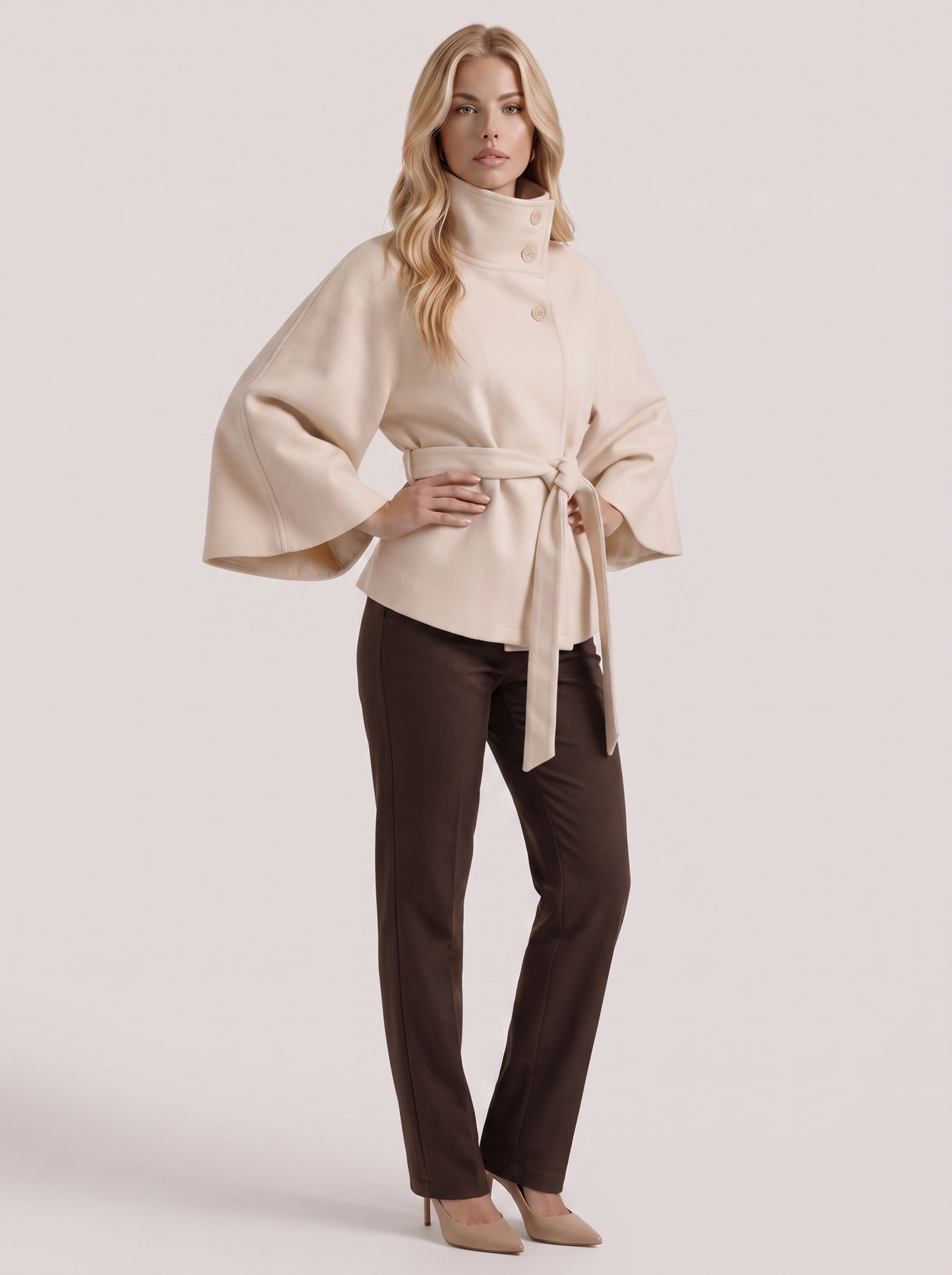 Women's cream cape jacket with cape sleeves and waist tie belt