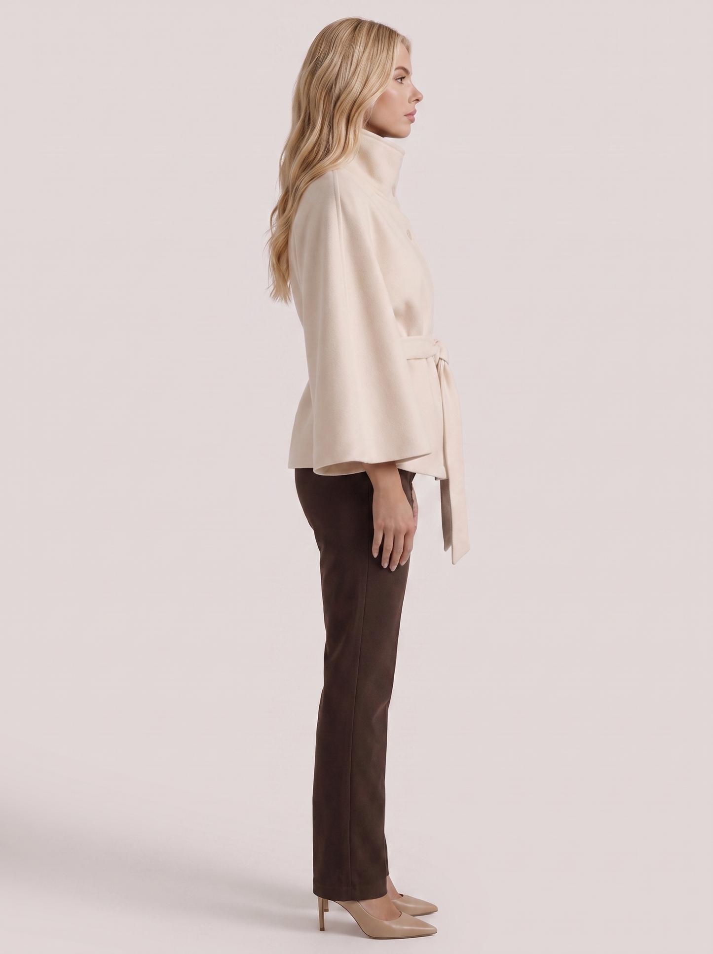Women's cream cape jacket with cape sleeves and waist tie belt