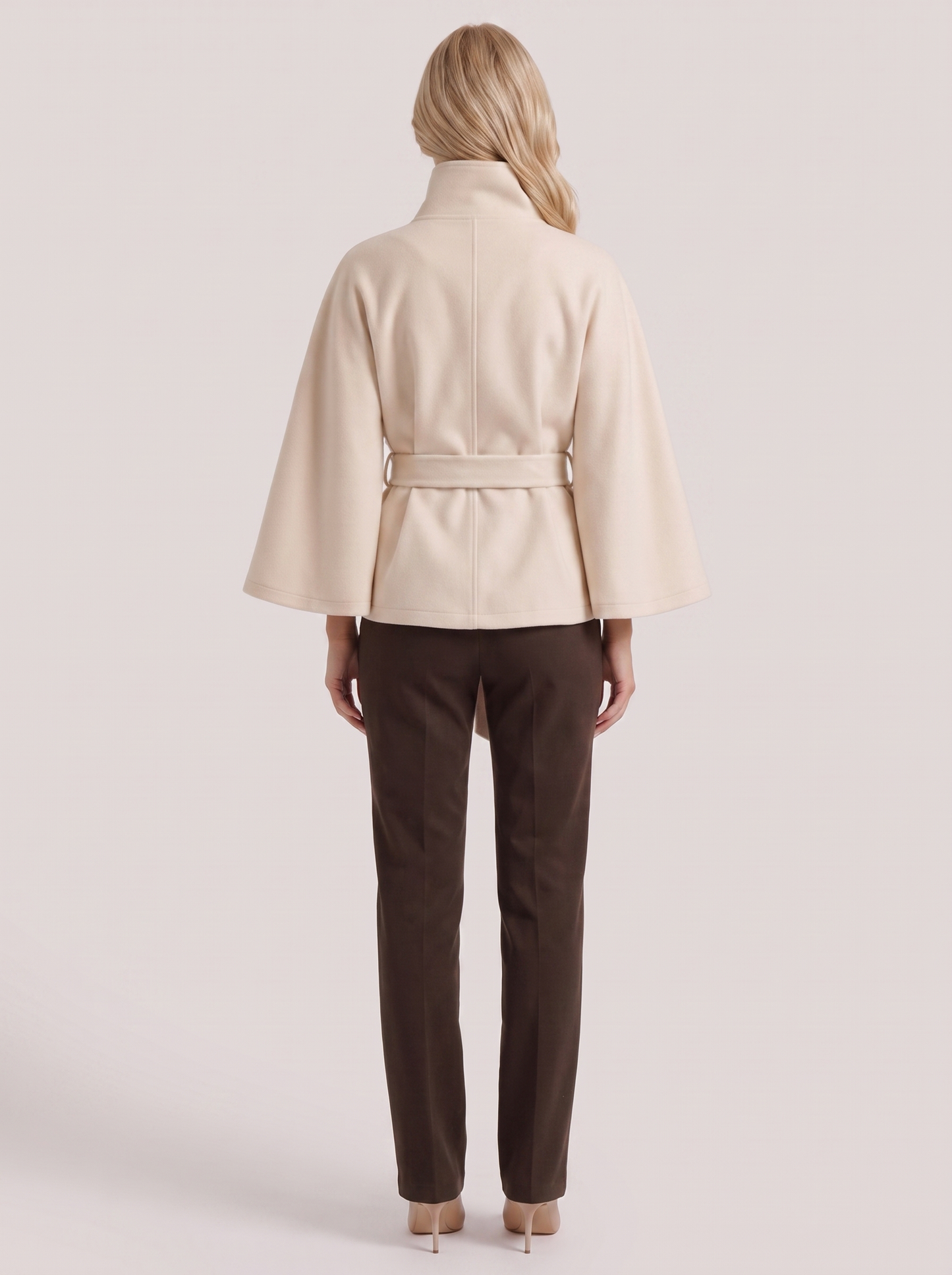 Women's cream cape jacket with cape sleeves and waist tie belt
