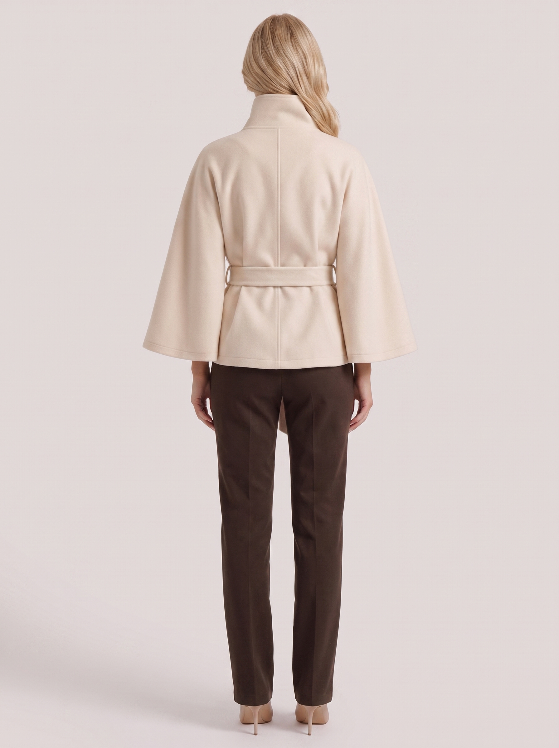 Women's cream cape jacket with cape sleeves and waist tie belt