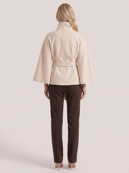Women's cream cape jacket with cape sleeves and waist tie belt