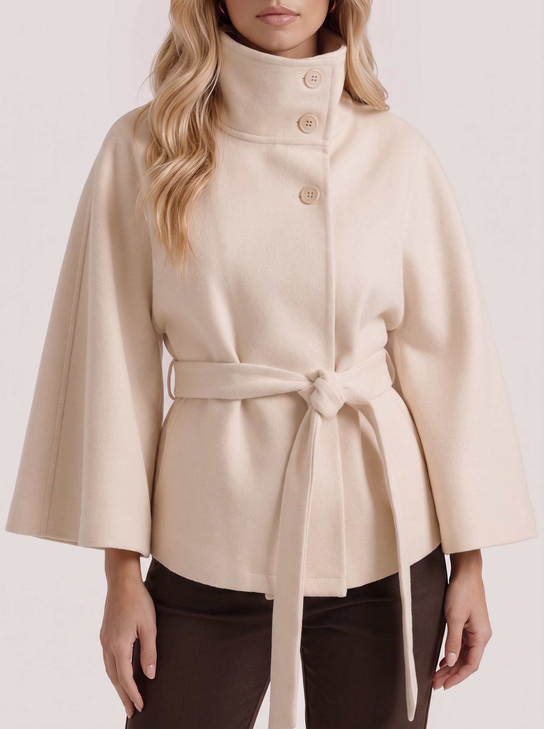 Women's cream cape jacket with cape sleeves and waist tie belt