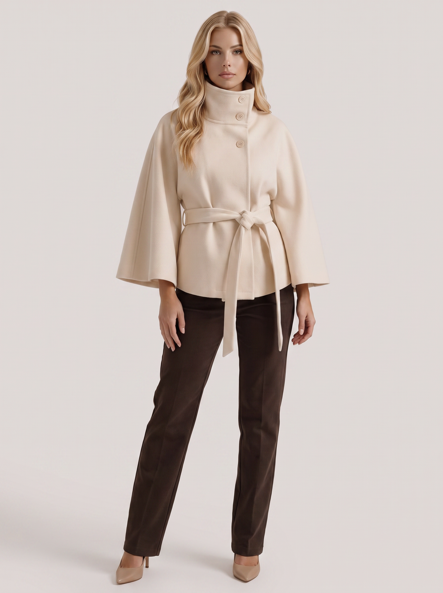 Women's cream cape jacket with cape sleeves and waist tie belt