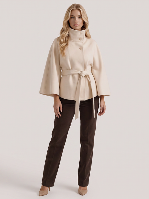 Women's cream cape jacket with cape sleeves and waist tie belt