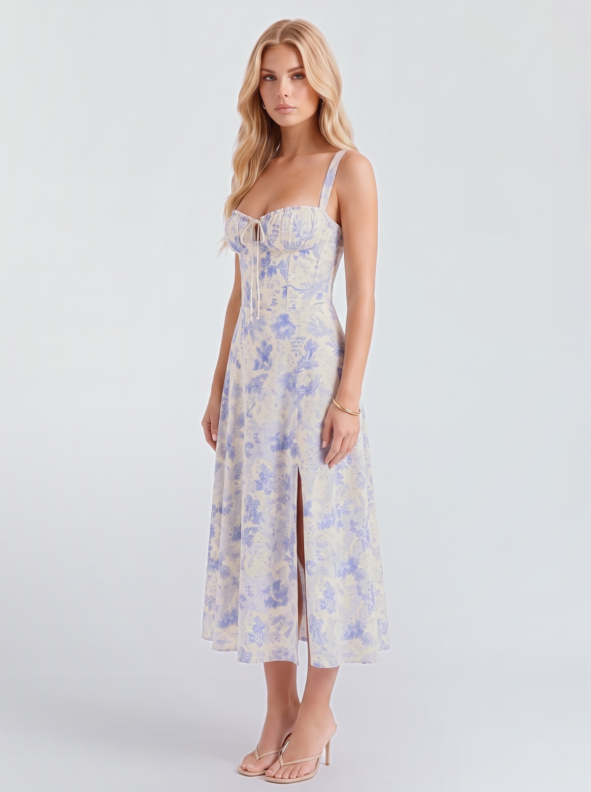 Paola Corset Midi Dress - Blue Floral