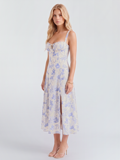 Paola Corset Midi Dress - Blue Floral
