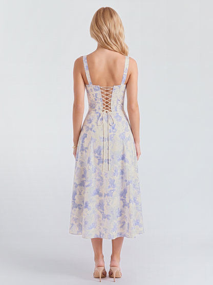 Paola Corset Midi Dress - Blue Floral