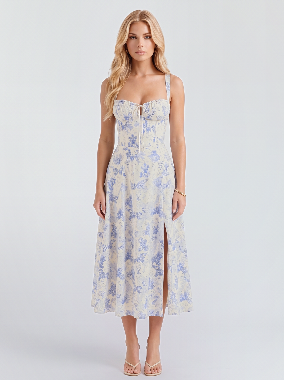 Paola Corset Midi Dress - Blue Floral