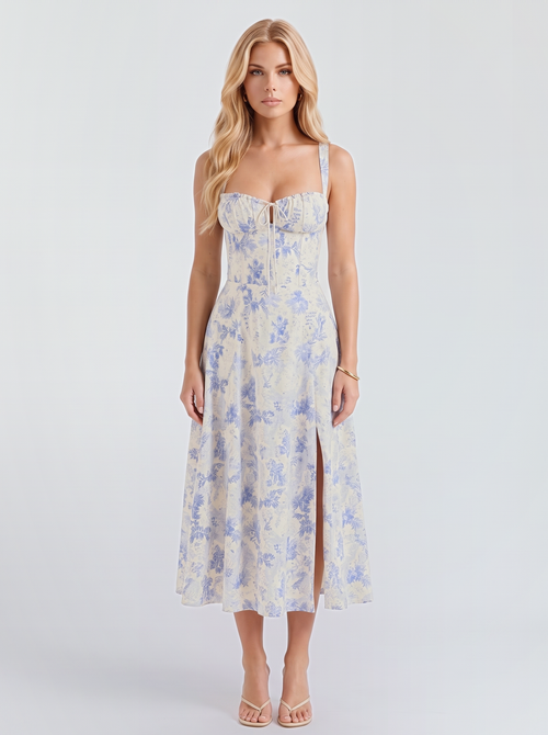 Paola Corset Midi Dress - Blue Floral